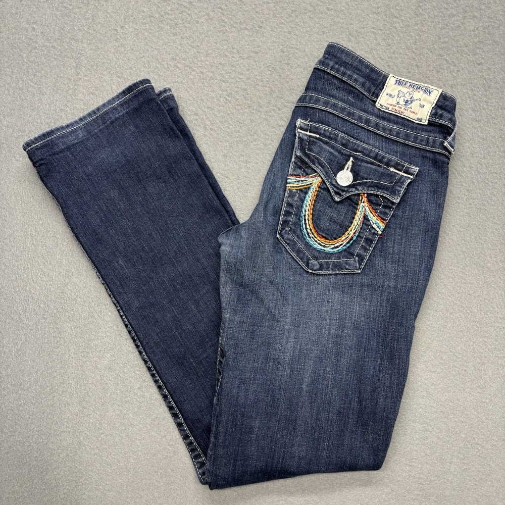 True Religion Jeans Womens 29 Blue Low Rise Dark Wash Rainbow Pockets Y2K USA - Picture 2 of 15